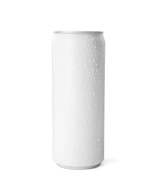 Photo of Empty aluminum can with beverage on white background. Mockup for design