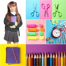 Collage with photos of cute girl and different stationery. Back to school