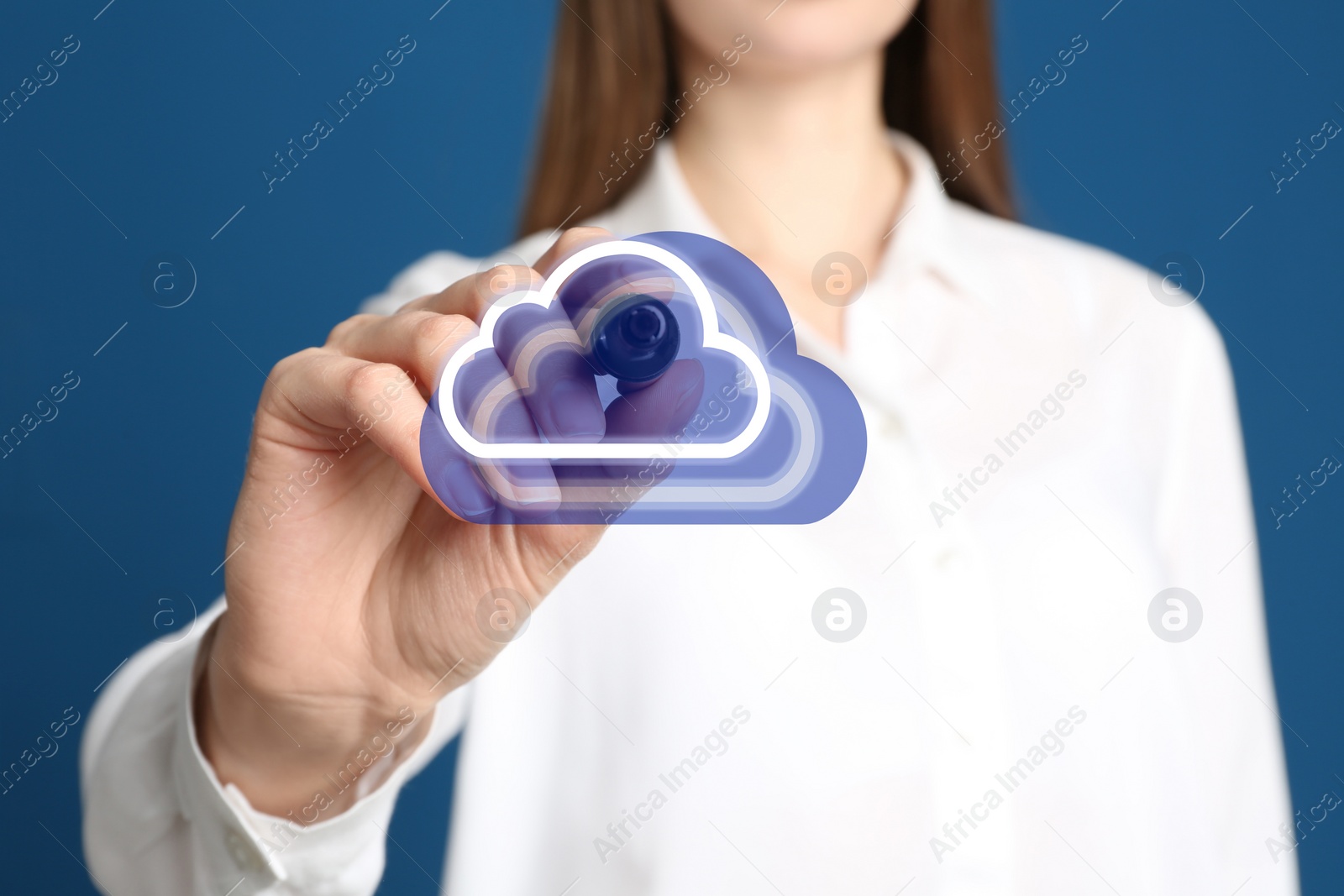 Image of Woman pointing at virtual clouds icon on blue background, closeup of hand. Data storage concept