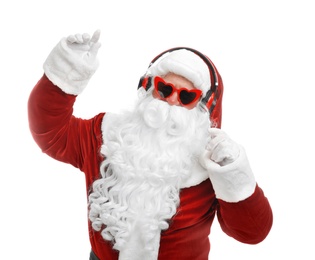 Photo of Santa Claus listening to Christmas music on white background