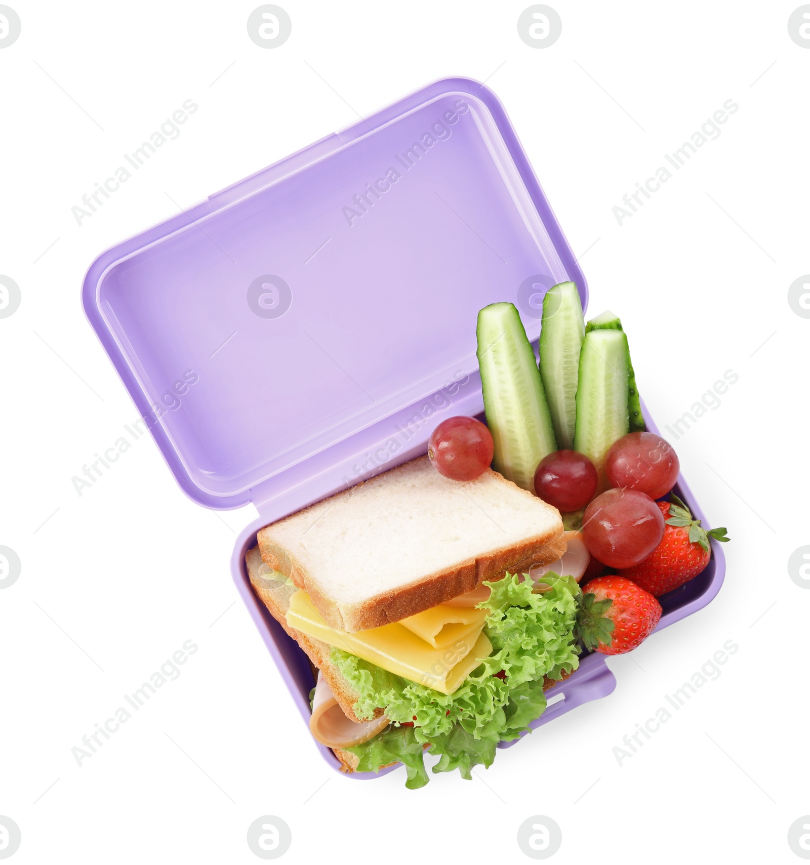 Photo of Lunchbox with tasty food on white background, top view. School dinner