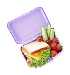 Photo of Lunchbox with tasty food on white background, top view. School dinner