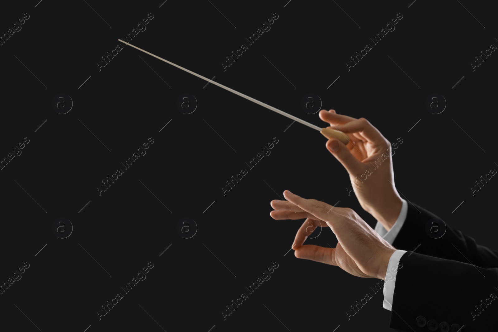 Photo of Professional conductor with baton on black background, closeup. Space for text