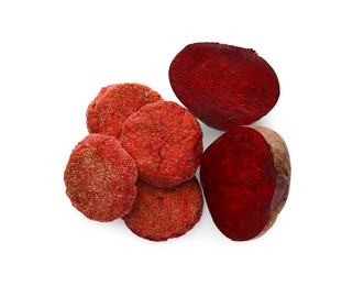 Tasty vegan cutlets with cut beet isolated on white, top view