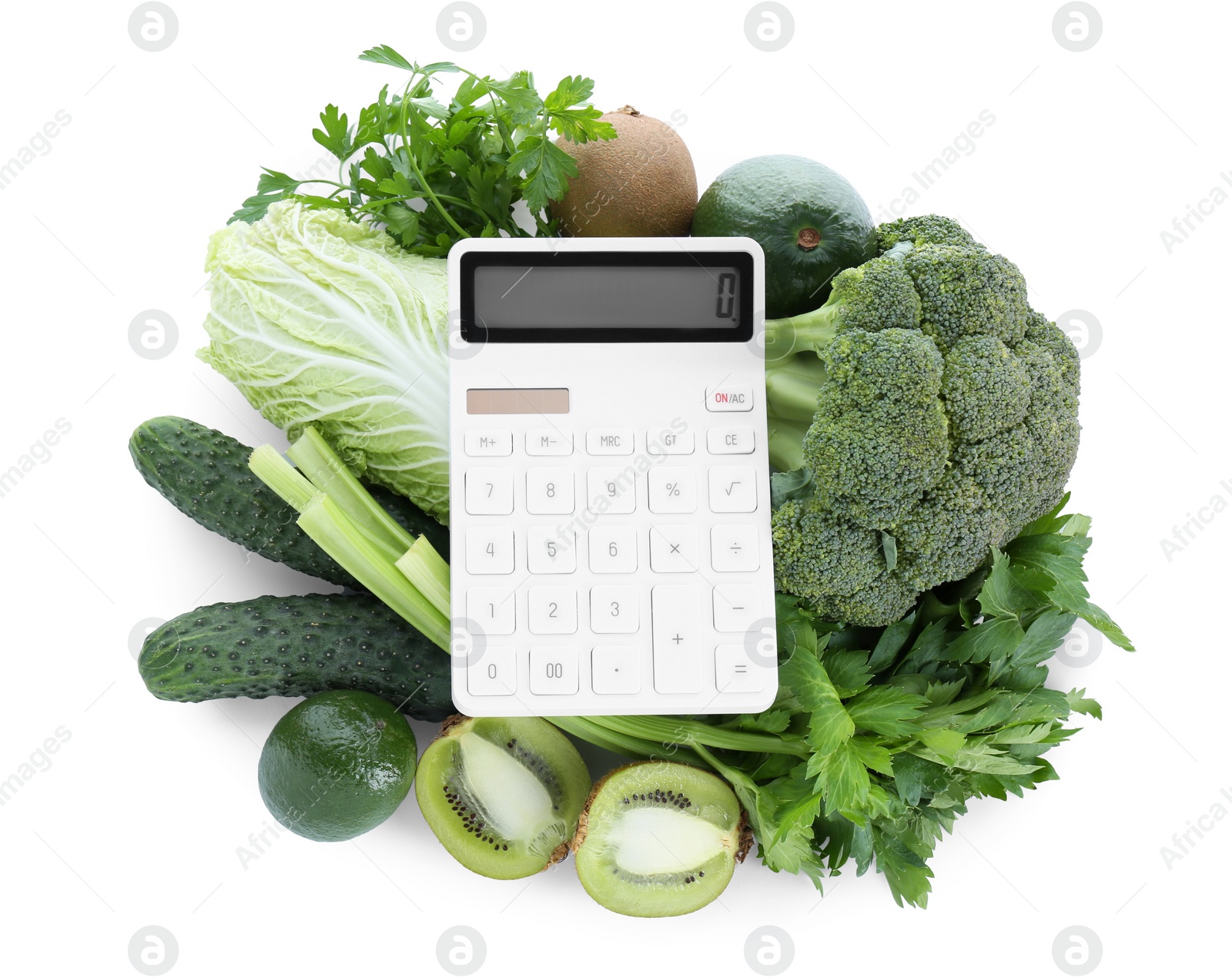 Photo of Calculator and food products on white background, top view. Weight loss concept