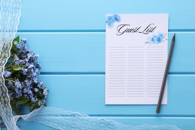 Guest list, pencil, lace ribbon and flowers on light blue wooden table, flat lay. Space for text