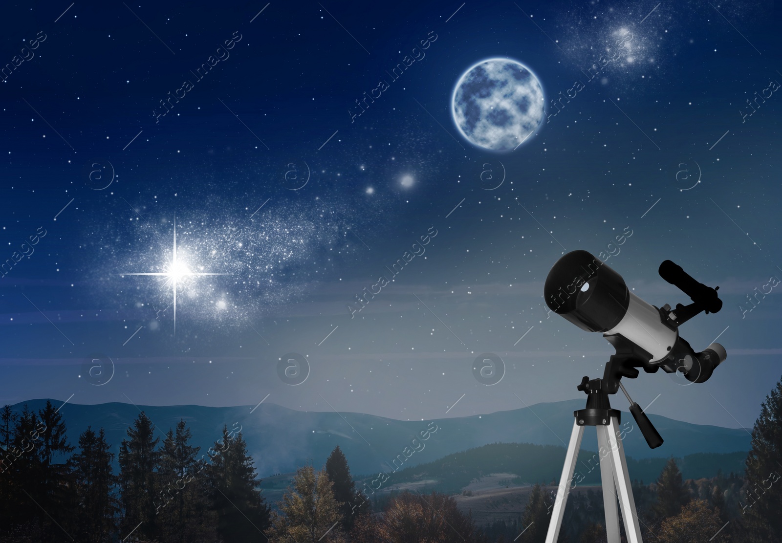 Image of Astronomy. Viewing beautiful starry sky with full moon through telescope at night