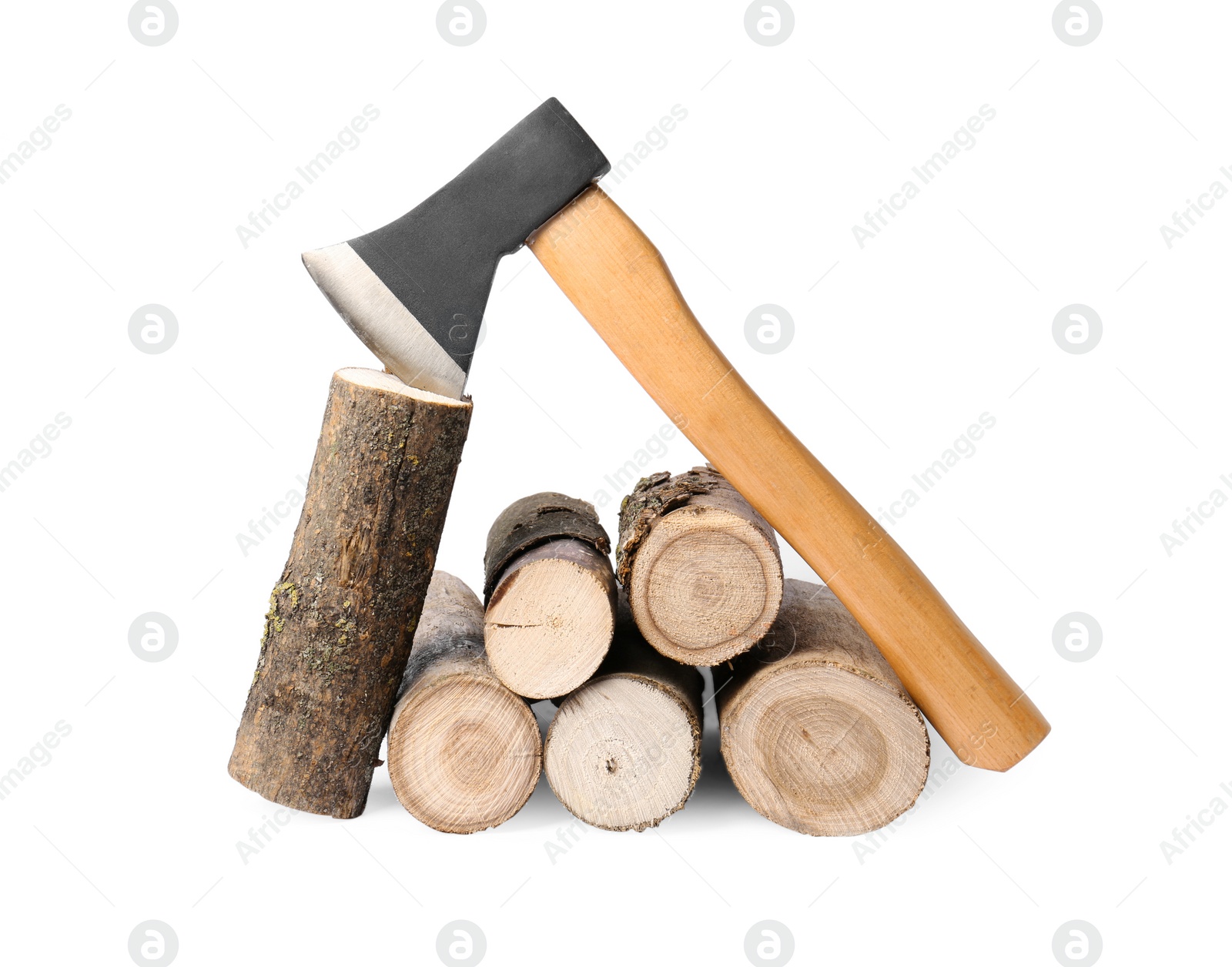 Photo of Metal ax and wood logs on white background