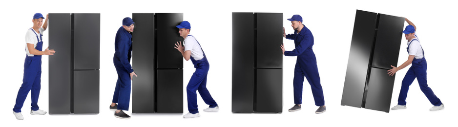Collage of workers carrying refrigerators on white background. Banner design 