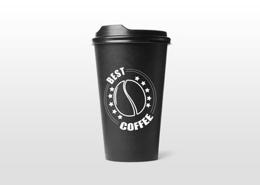 Takeaway paper cup with printed phrase Best Coffee isolated on white
