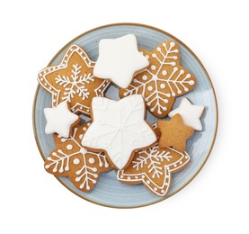 Photo of Tasty star shaped Christmas cookies with icing isolated on white, top view