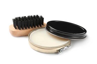 Photo of Wax polish with brush on white background. Shoe care accessories
