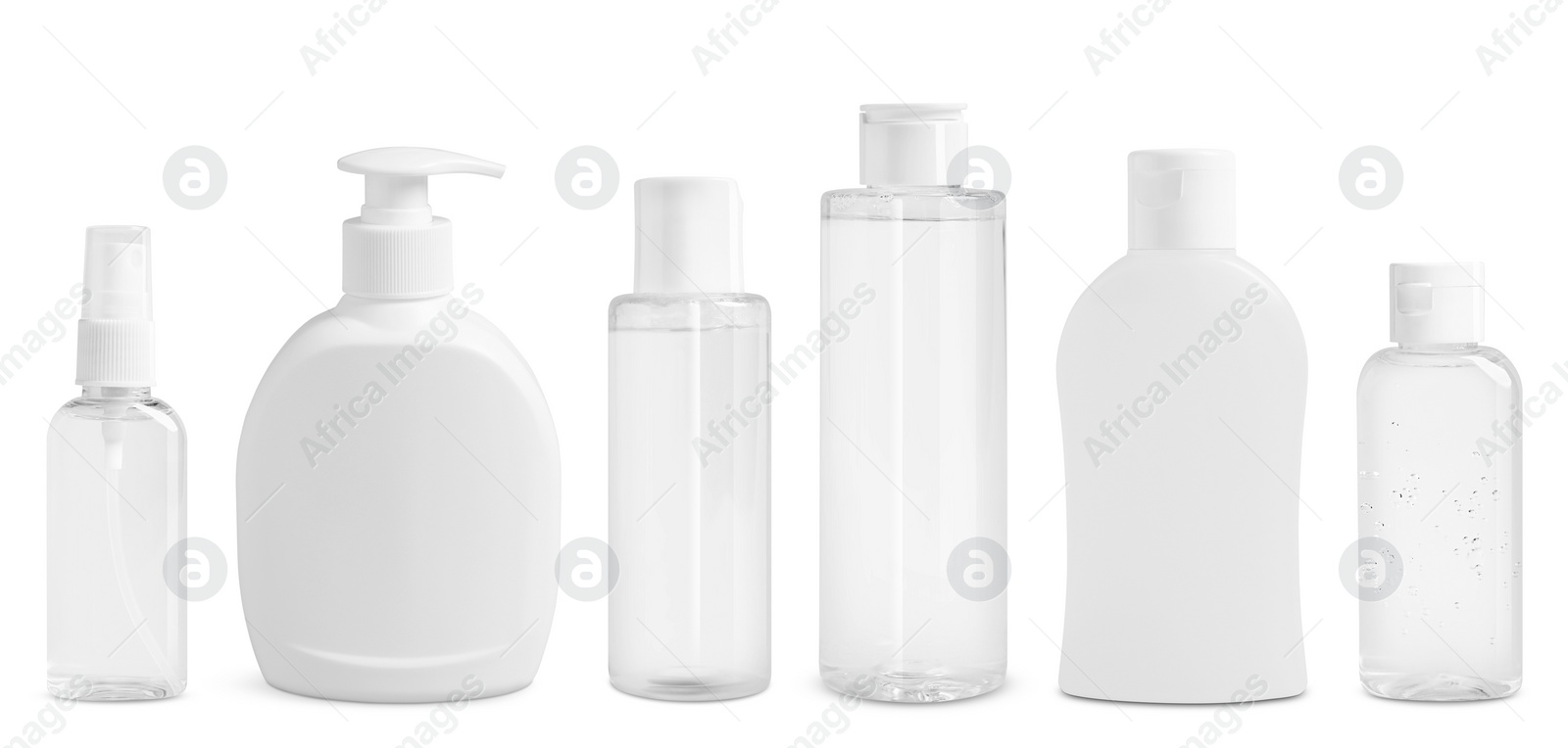 Image of Set of cosmetic bottles with skin care products isolated on white