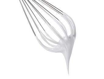 Photo of Whisk with whipped cream isolated on white