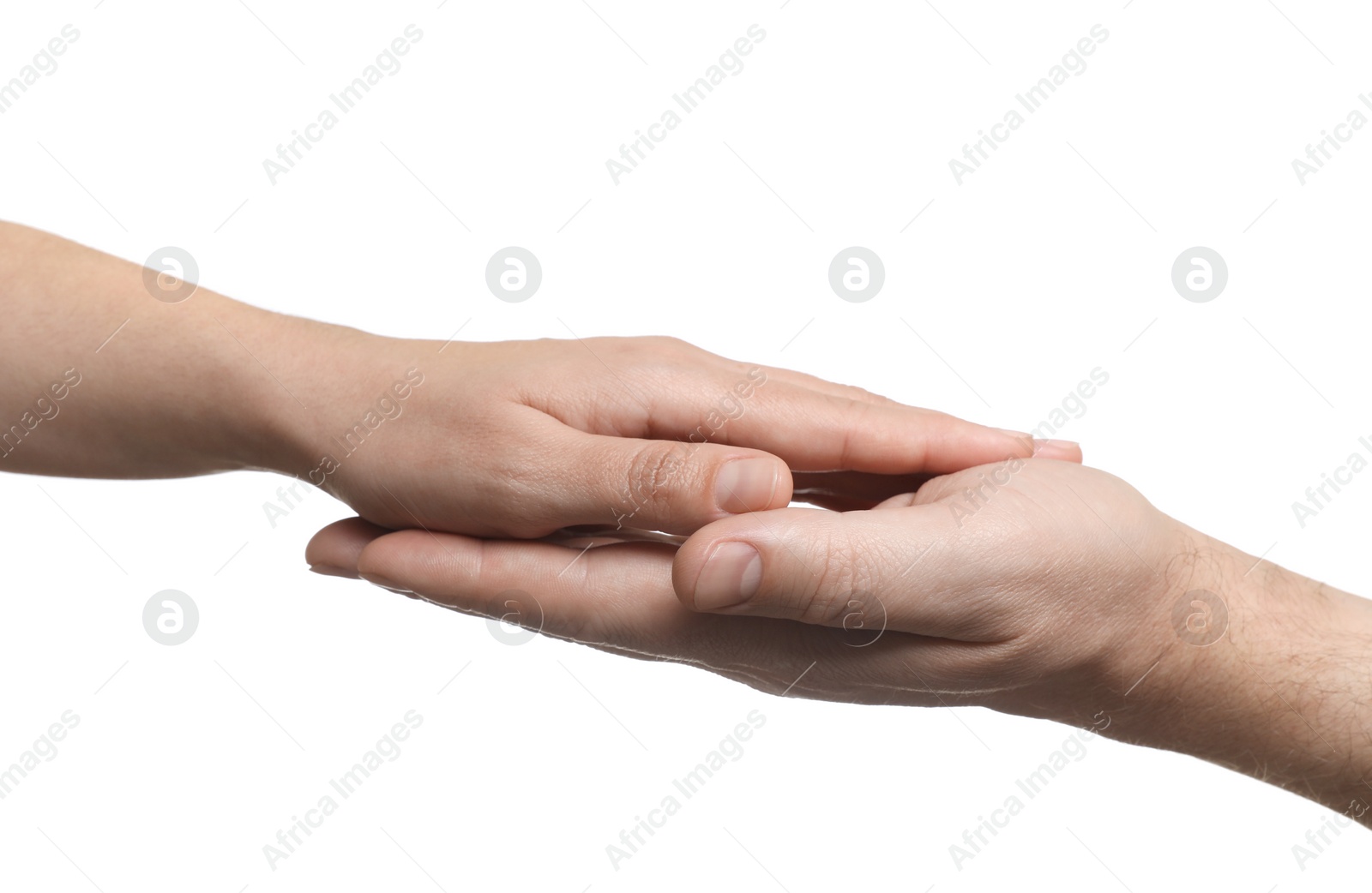 Photo of Man and woman holding hands together on white background, closeup