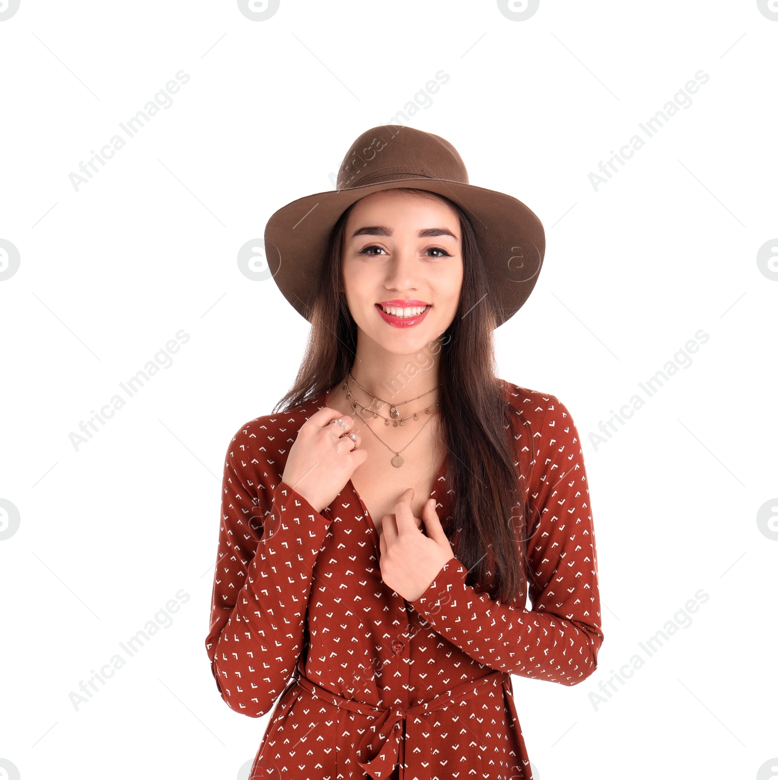 Photo of Portrait of beautiful young woman in stylish dress on white background