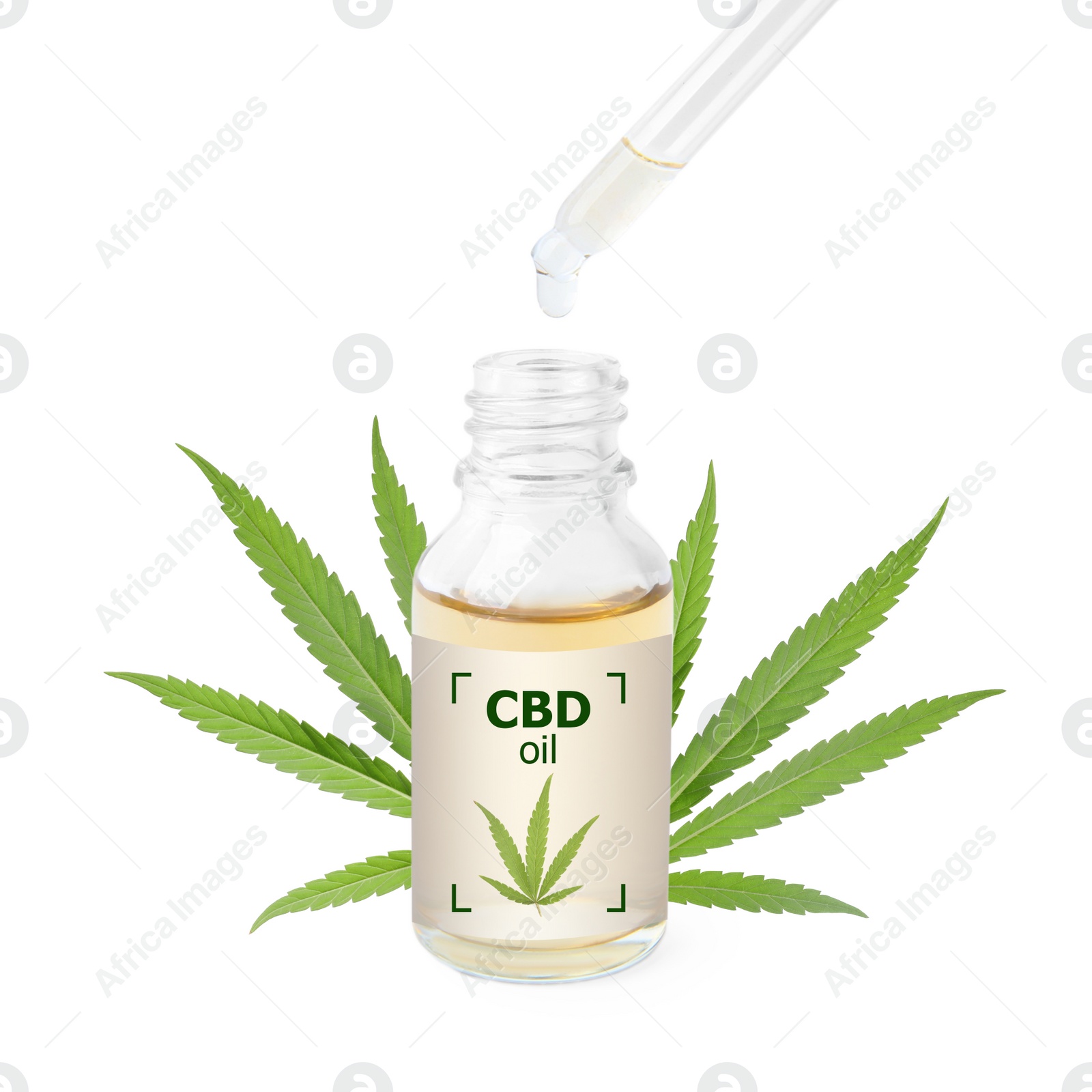 Image of Bottle of cannabidiol tincture and hemp leaf on white background