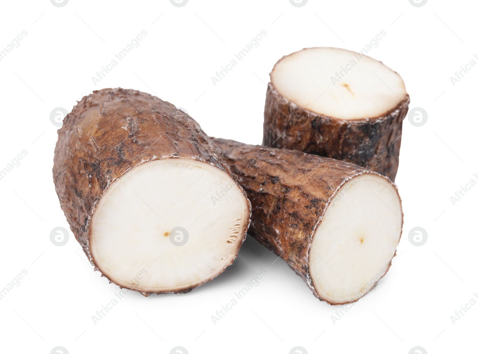 Photo of Pieces of cassava root isolated on white