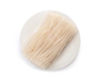 Photo of Plate with raw rice noodles on white background, top view