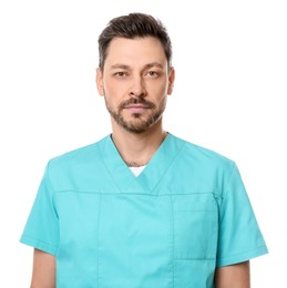 Photo of Doctor or medical assistant (male nurse) in uniform on white background