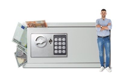 Image of Multiplying wealth, increasing savings. Confident man leaning on big steel safe full of money on white background