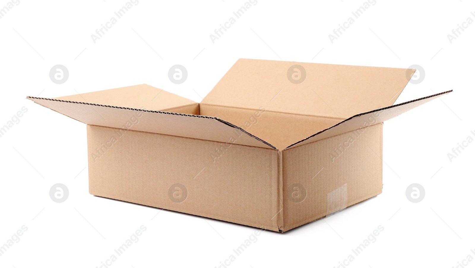 Photo of Open cardboard box on white background. Mockup for design