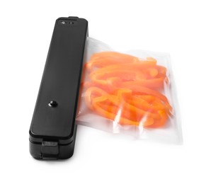 Photo of Sealer for vacuum packing and plastic bag with bell pepper on white background