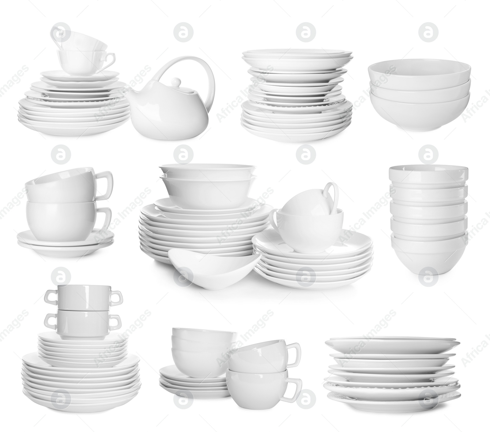 Image of Set with different clean dishware on white background