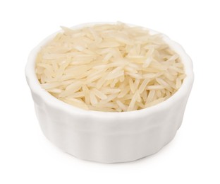 Raw rice in bowl isolated on white