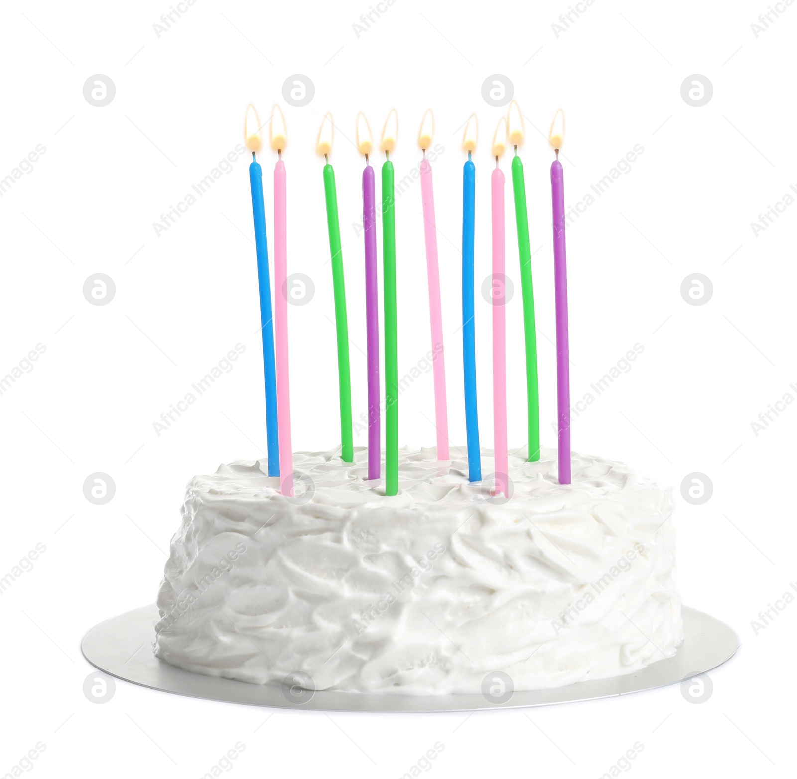 Photo of Birthday cake with candles on white background