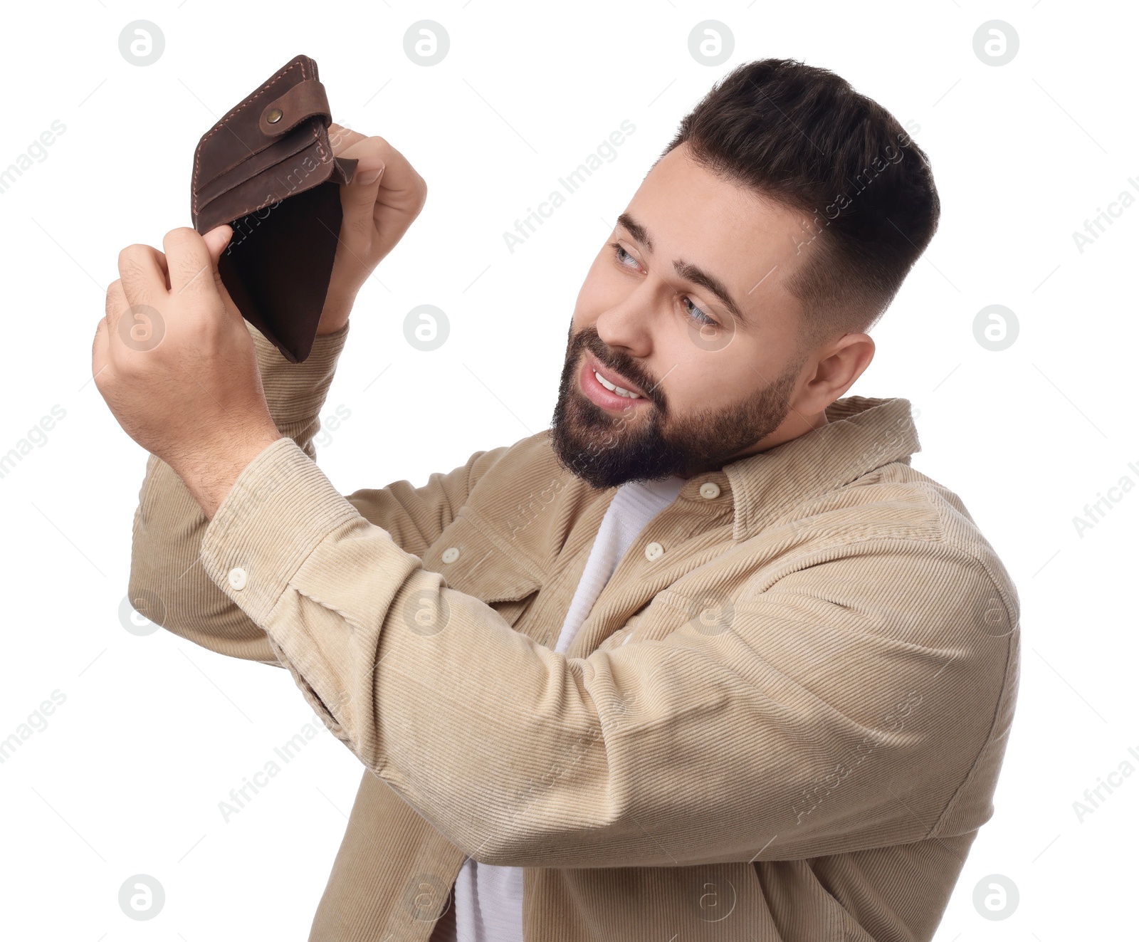 Photo of Man showing empty wallet on white background