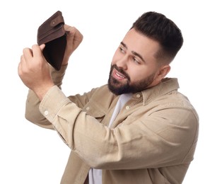 Photo of Man showing empty wallet on white background