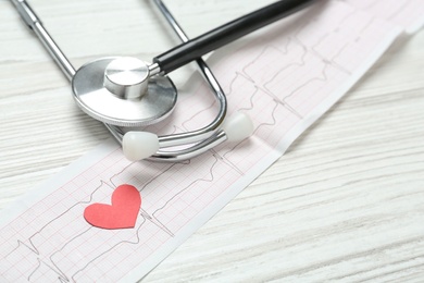 Photo of Cardiogram report, red heart and stethoscope on white wooden table
