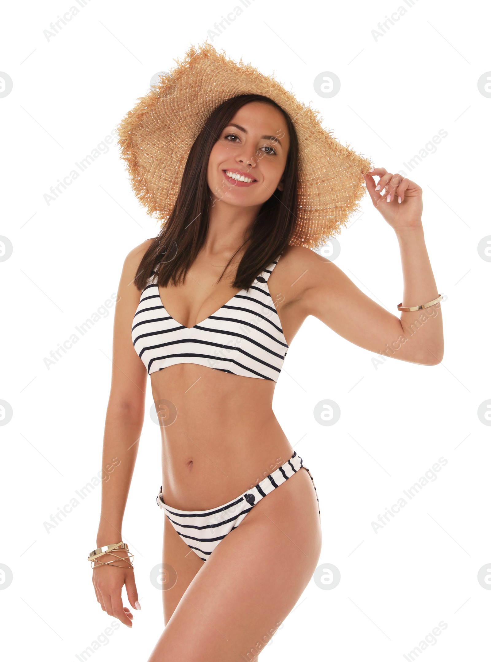 Photo of Pretty sexy woman with slim body in stylish striped bikini on white background