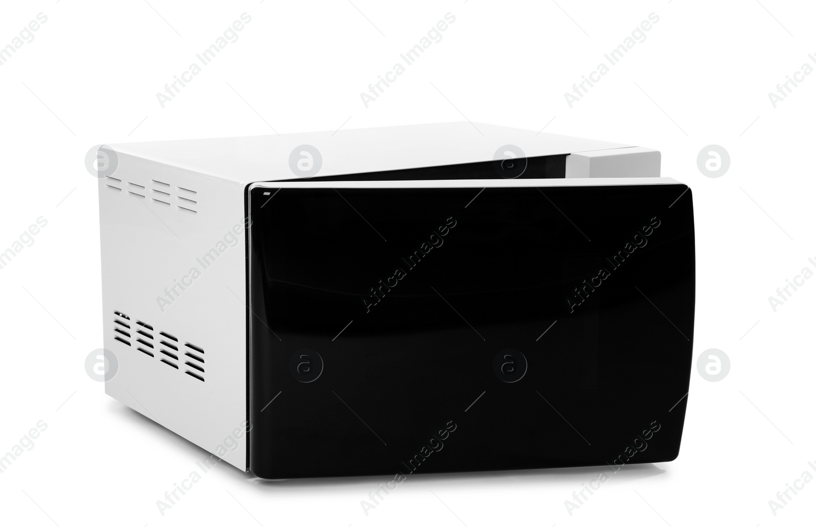 Photo of Open modern microwave oven on white background. Kitchen appliance