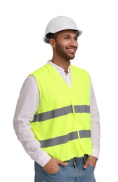Photo of Engineer in hard hat on white background