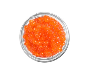 Jar with delicious red caviar on white background