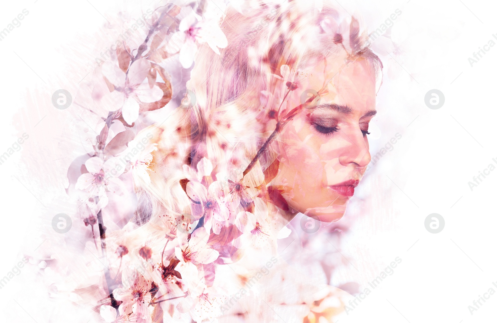 Image of Double exposure of beautiful woman and blooming flowers