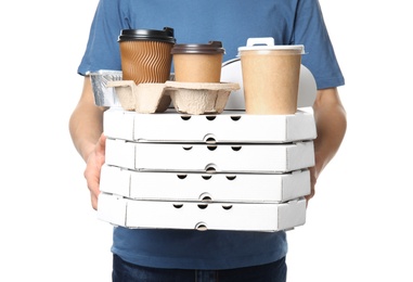 Courier with different containers on white background. Food delivery service