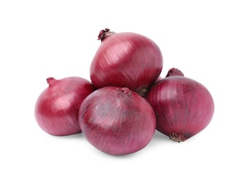 Photo of Many fresh red onions on white background