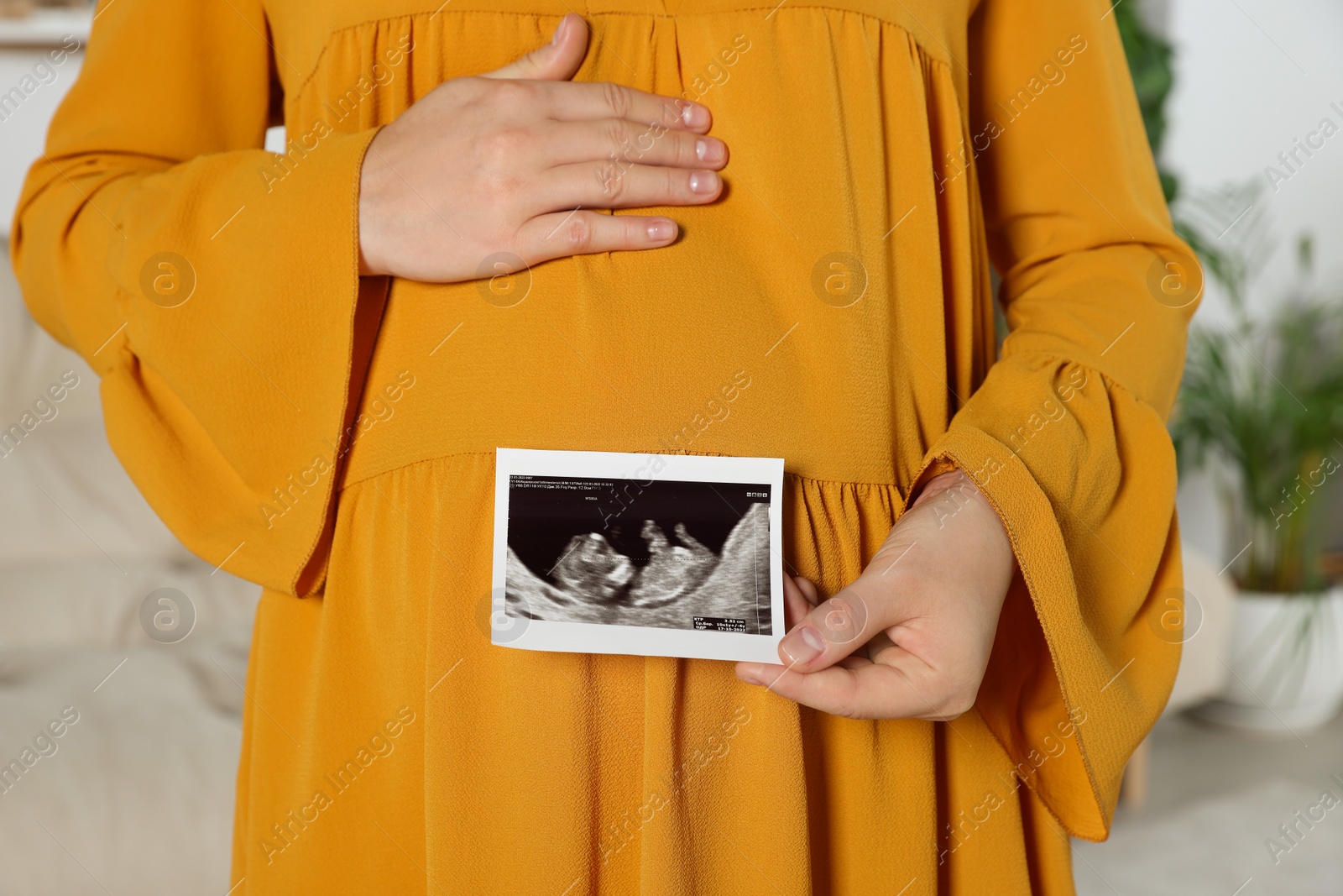 Photo of Pregnant woman with ultrasound picture of baby in living room, closeup