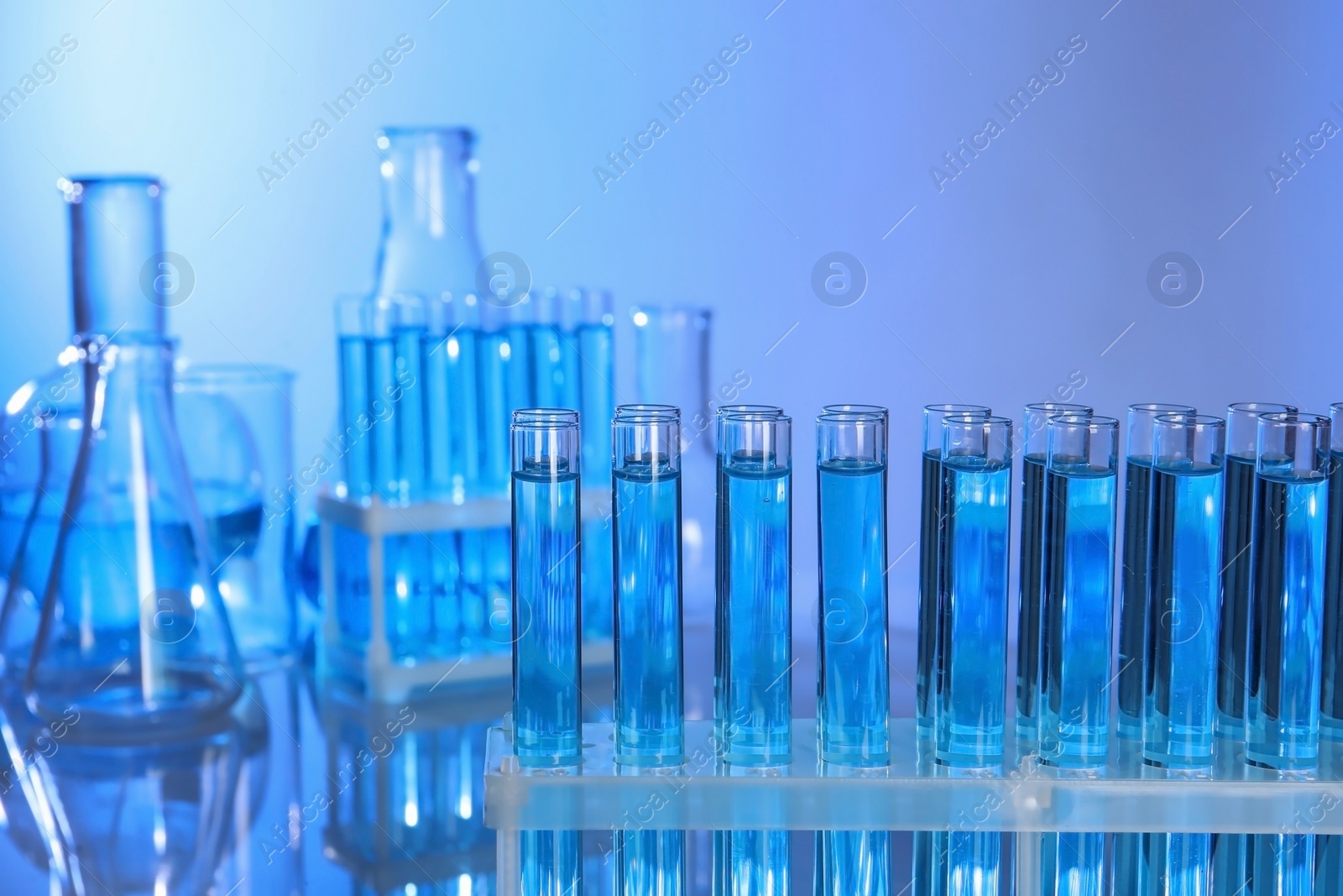 Photo of Holder with test tubes in laboratory. Chemical analysis