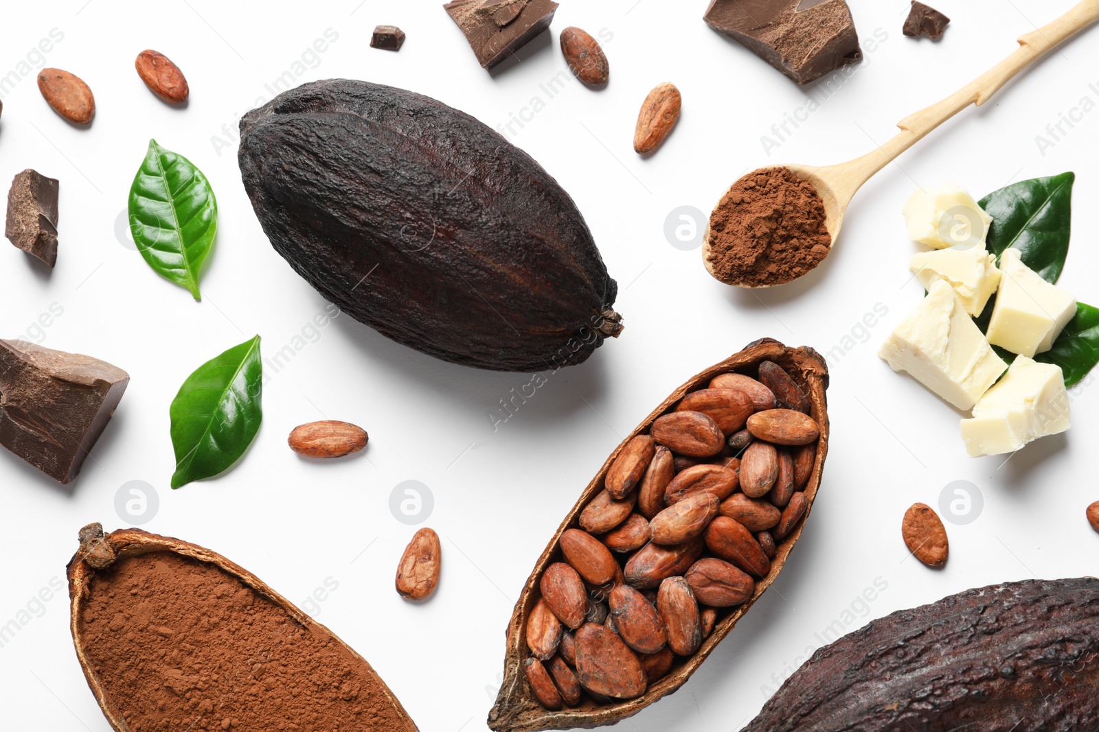 Photo of Composition with cocoa pods, powder and beans on white background, top view