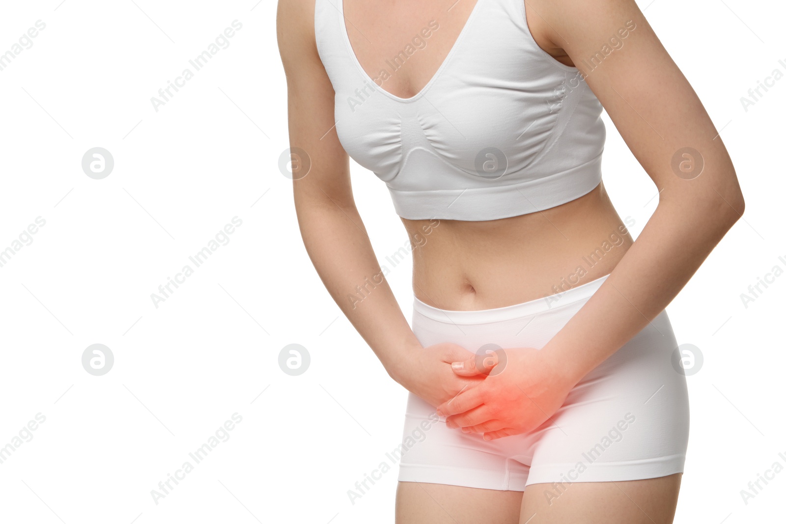 Image of Woman suffering from cystitis symptoms on white background, closeup