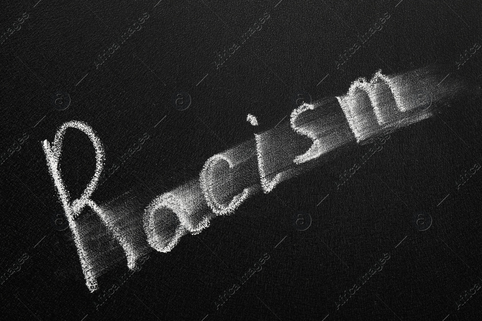 Photo of Word Racism written with chalk on blackboard