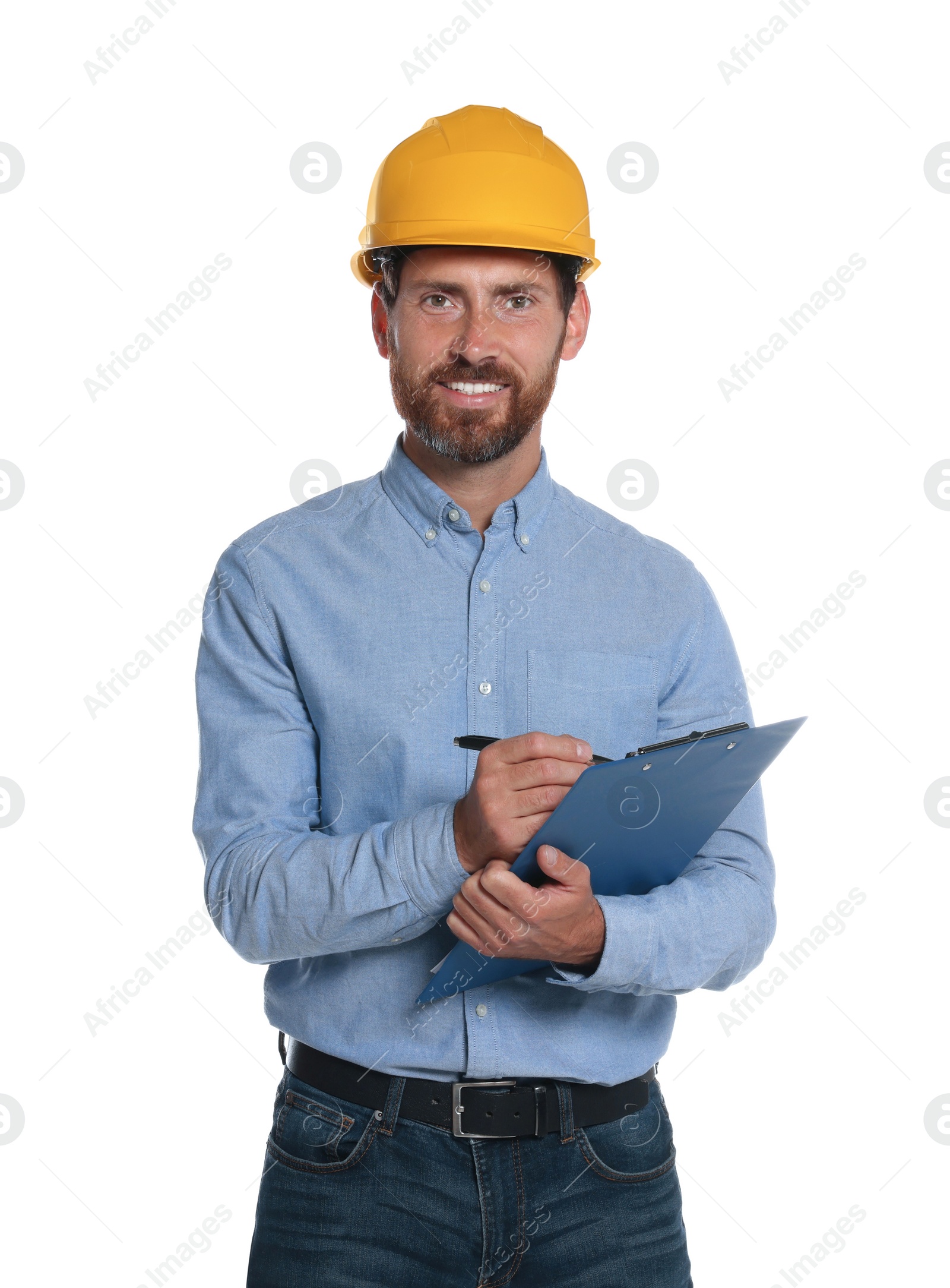 Photo of Professional engineer in hard hat with clipboard isolated on white