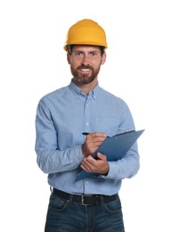 Photo of Professional engineer in hard hat with clipboard isolated on white