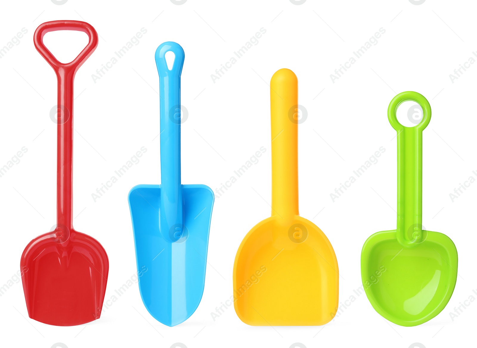 Image of Different bright plastic toy shovels on white background, collage 