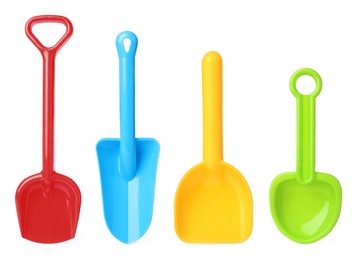 Image of Different bright plastic toy shovels on white background, collage 