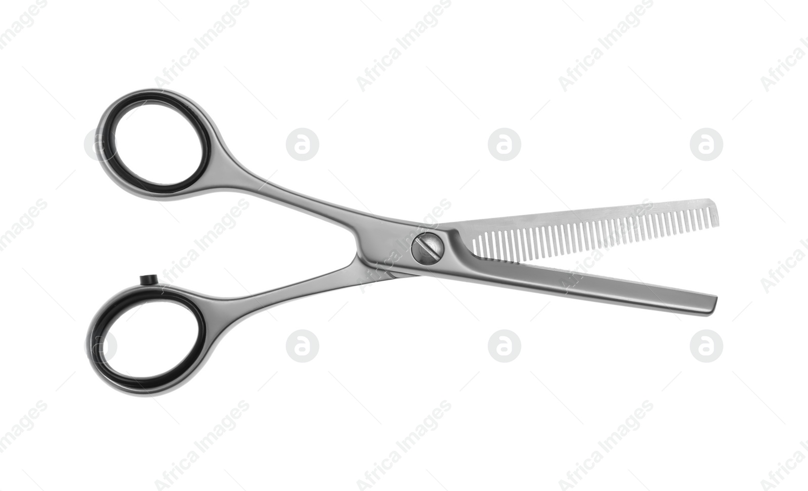 Photo of Professional hairdresser thinning scissors isolated on white. Haircut tool